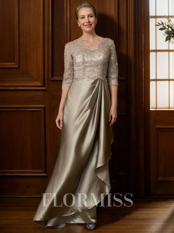 A-line kjole V-hals Satin Sweep/Børste train Brudens Mor Kjolees med Blonder