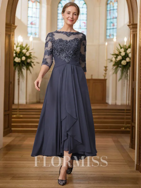 A-line kjole Scoop Asymmetrisk Chiffong Brudens Mor Kjole med Applikasjon