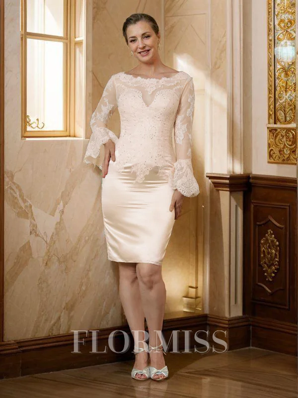 Sheath Scoop Knelengde Satin Brudens Mor Kjole med Blonder