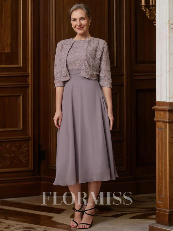 A-line kjole Scoop Te-Lengde Chiffong Brudens Mor Kjole med Blonder