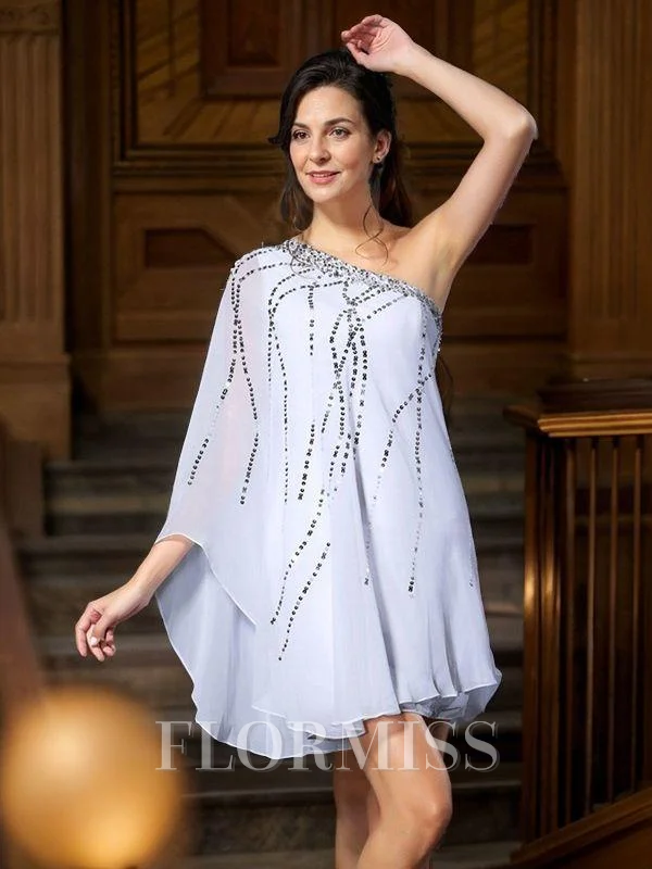 A-line kjole En skuldret Kort/Mini Chiffong Brudens Mor Kjolees Med Paljett