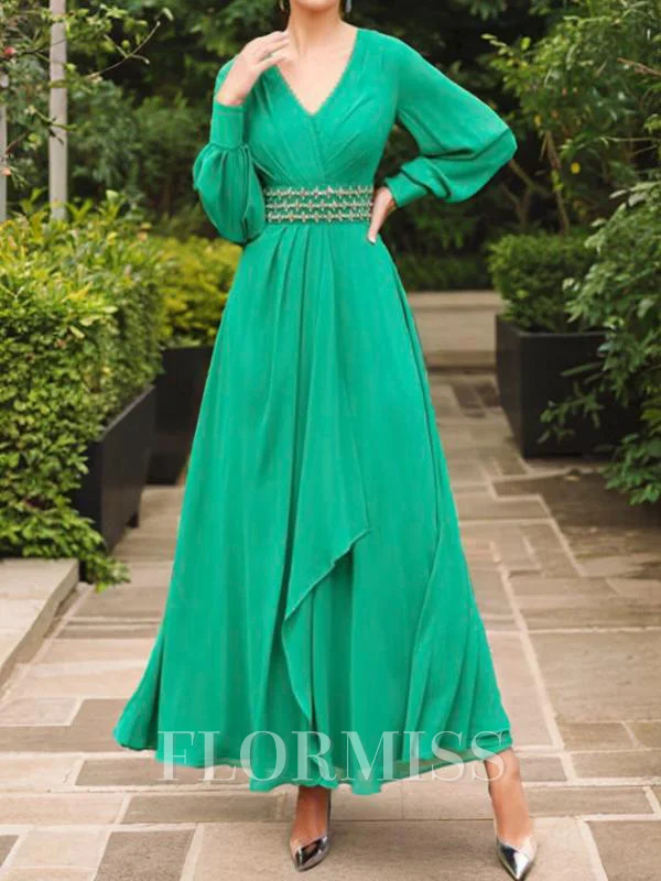A-line kjole V-hals Ankel-Lengde Chiffong Brudens Mor Kjole med Belt