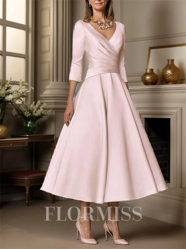 A-line kjole V-hals Trekvart ermer Plissert Te-Lengde Satin Brudens Mor Kjole