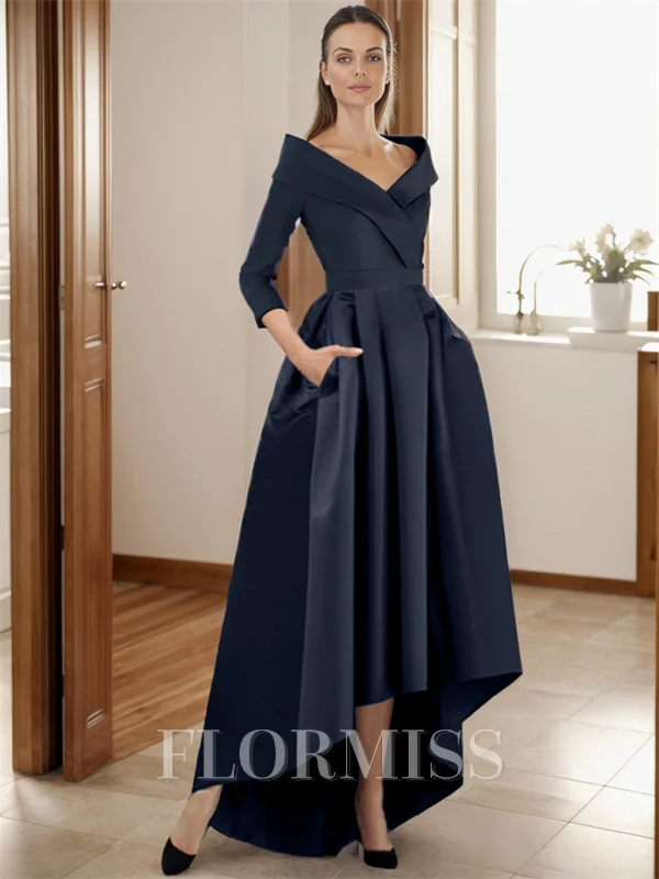 A-line kjole V-hals Trekvart ermer Plissert Asymmetrisk Satin Brudens Mor Kjole