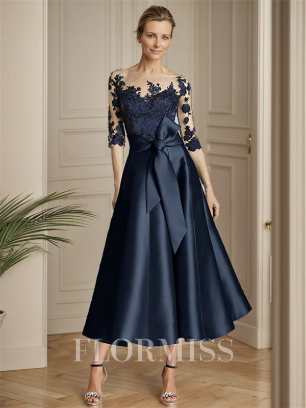 A-line kjole Illusion Trekvart ermer Bue Te-Lengde Satin Brudens Mor Kjole