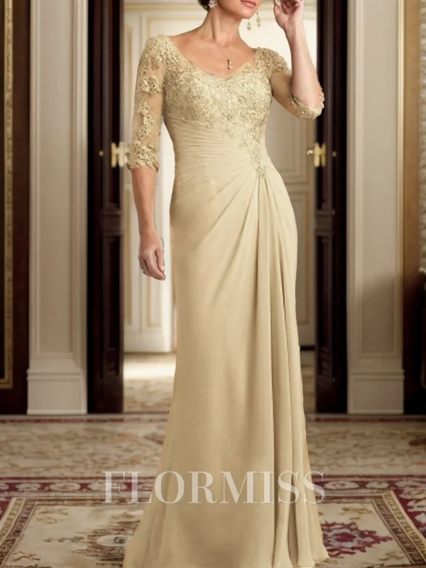 Sheath Chiffong Applikasjon Ruched V-hals Halvlang Gulvlengde Brudens Mor Kjole