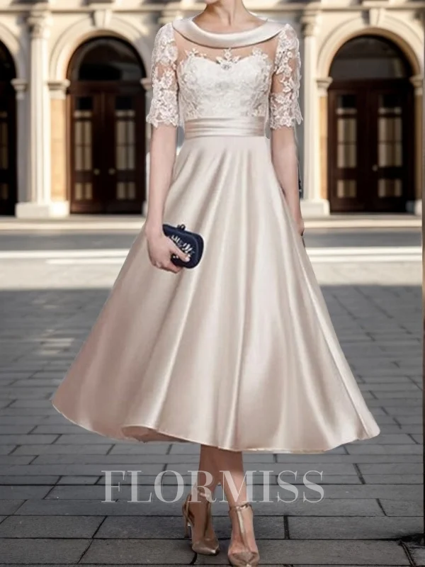 A-line kjole Satin Applikasjon Scoop Halvlang Te-Lengde Brudens Mor Kjole