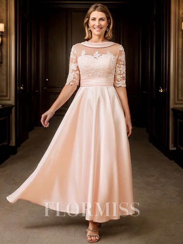 A-line kjole Scoop Halvlang Applikasjoner Blonder Ankel-Lengde Satin Brudens Mor Kjole