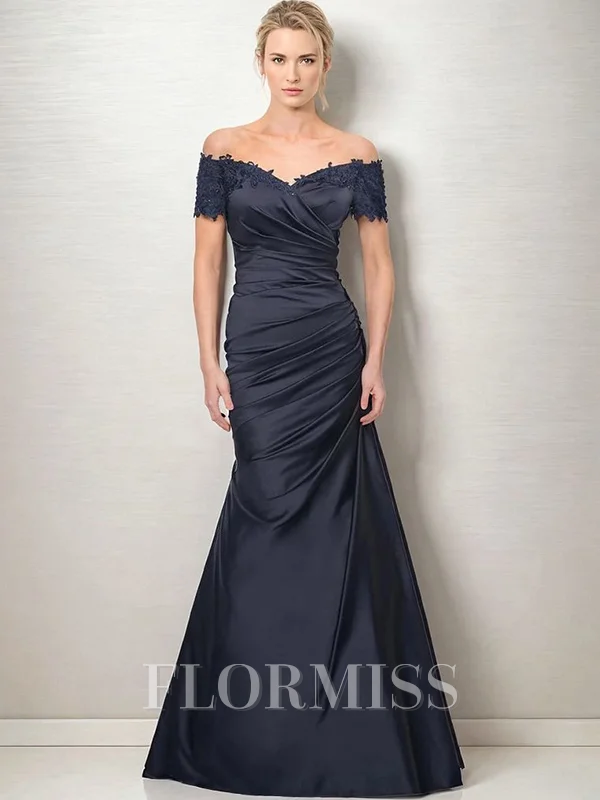 Sheath Bare Skuldre Kortermer Plissert Gulvlengde Satin Brudens Mor Kjole