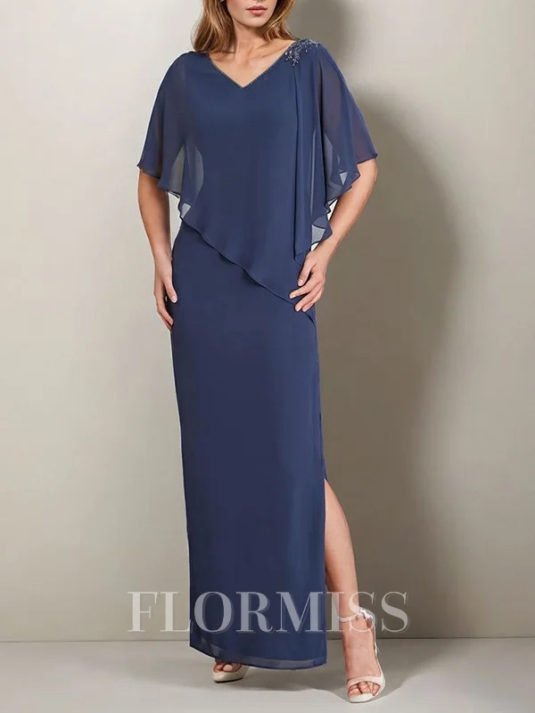 Sheath V-hals Halvlang Volanger Gulvlengde Chiffong Brudens Mor Kjole