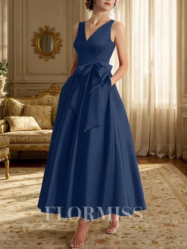 A-line kjole V-hals Volanger Ankel-Lengde Satin Satin Brudens Mor Kjole