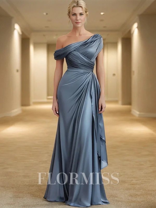 Sheath Silkeeaktig Sateng One Shoulder Ermeløs Gulvlengde Brudens Mor Kjole