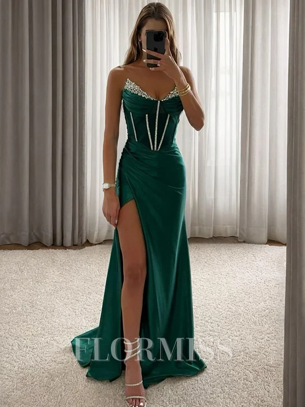 Sheath Sweetheart Rhinen Stein Sweep/Børste train Silkeeaktig Sateng Korsett Kjole