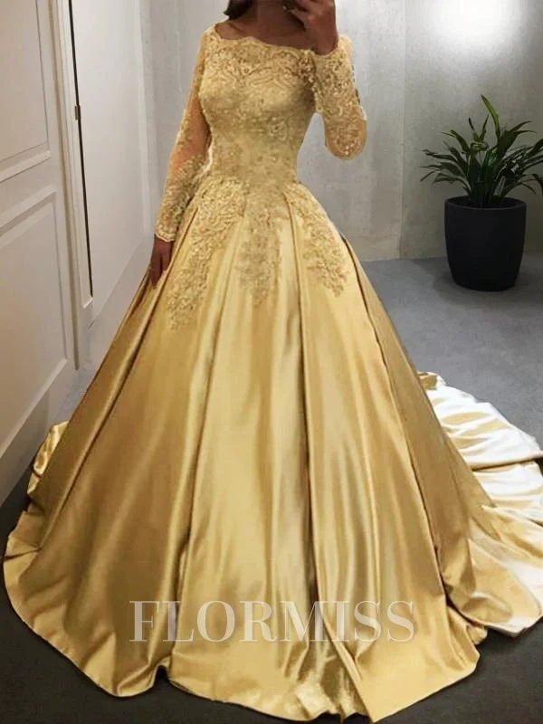 Ballkjole/Prinsesse Bare Skuldre Gulvlengde Satin Ballkjole med Applikasjoner Blonder