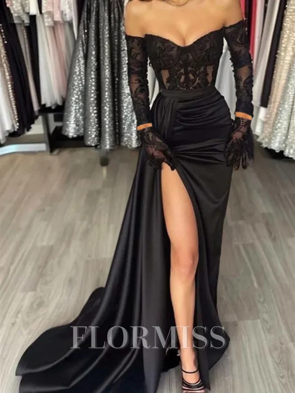 Sheath Sweetheart Lange ermer Applikasjoner Blonder Sweep/Børste train Silkeeaktig Sateng Korsett Kjole