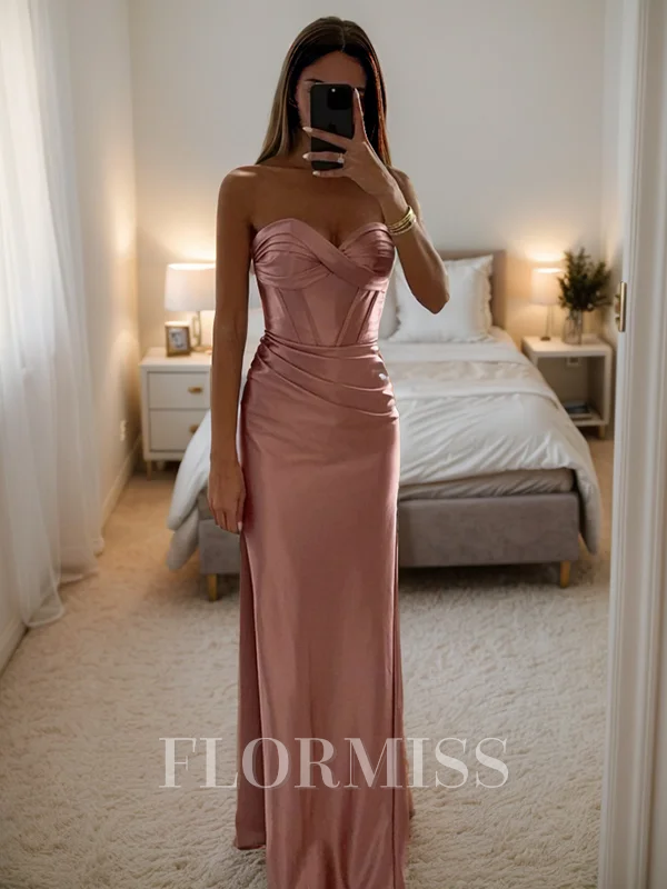 Sheath Sweetheart Plissert Gulvlengde Silkeeaktig Sateng Korsett Kjole