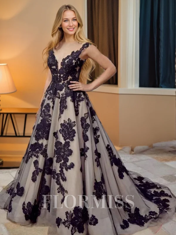Ballkjole/Prinsesse V-hals Bane-tog Blonder Ermeløs Low Back Brudekjoler