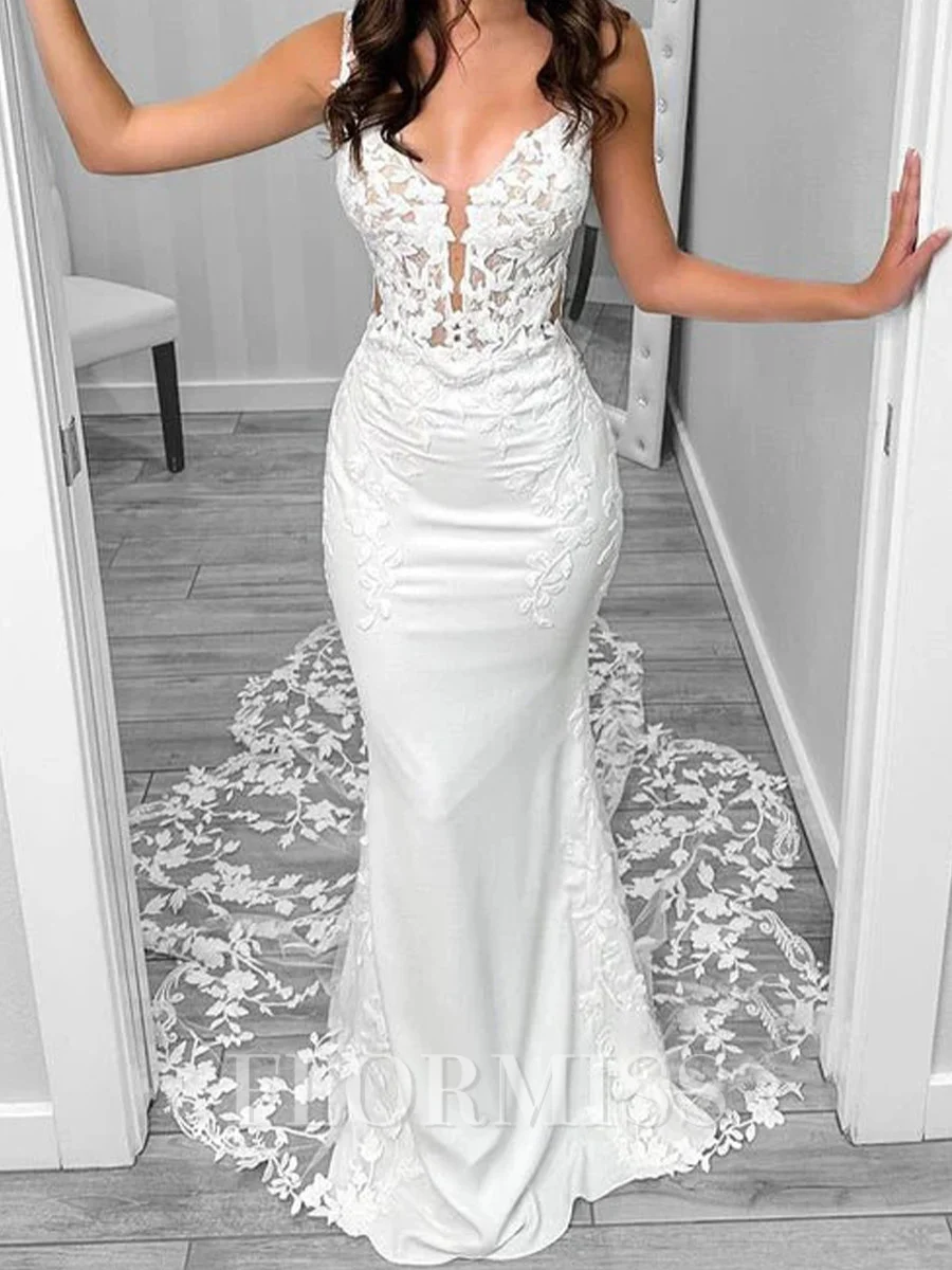 Sheath Spaghetti Applikasjoner Blonder Katedral Slep Silkeeaktig Sateng Brudekjoler