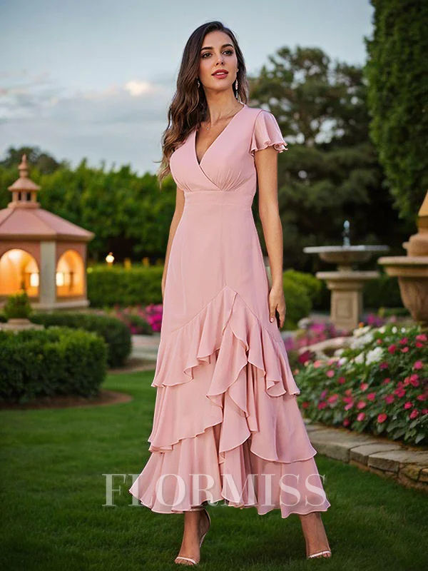 A-line kjole Chiffong Ruched V-Neck Kortermer Ankel-Lengde Brudepikekjoler
