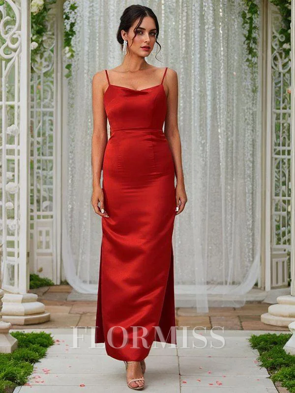 Sheath Satin Ruched Spaghetti Ermeløs Ankel-Lengde Brudepikekjoler