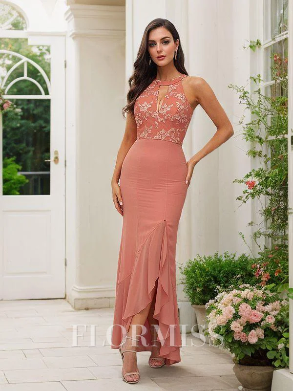 Sheath Chiffong Blonder Halterneck Ermeløs Asymmetrisk Brudepikekjoler
