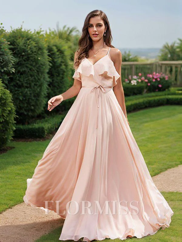 A-line kjole Chiffong Sash/Bånd/Belte V-Neck Ermeløs Gulvlengde Brudepikekjoler