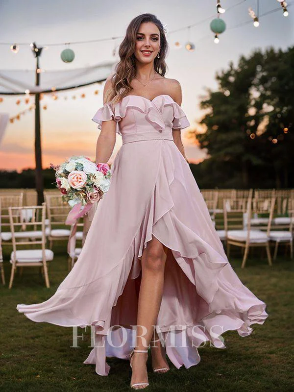 A-line kjole Chiffong Volanger Off-The-Shoulder Ermeløs Asymmetrisk Brudepikekjoler
