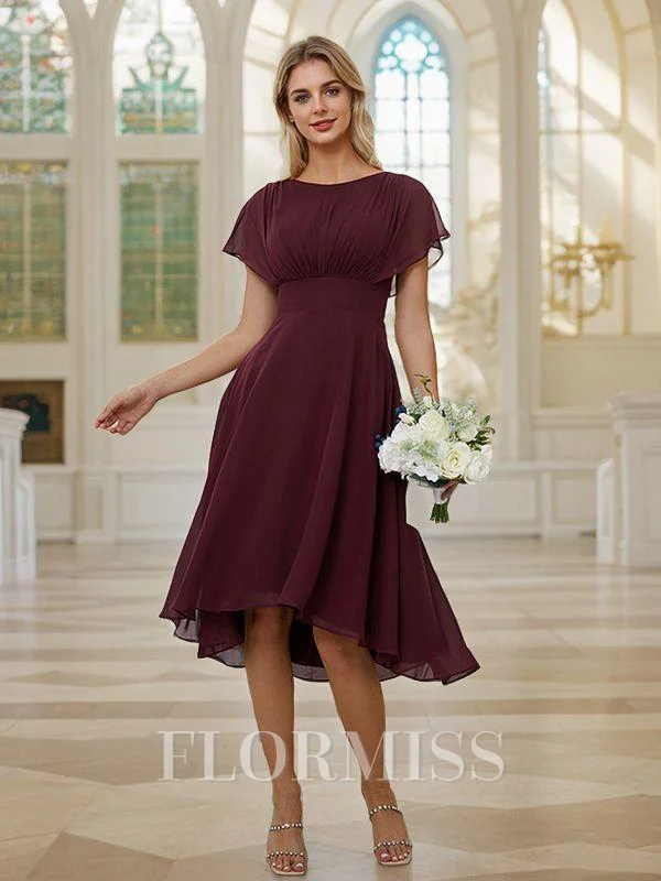 A-line kjole Chiffong Ruched Scoop Kortermer Asymmetrisk Brudepikekjoler