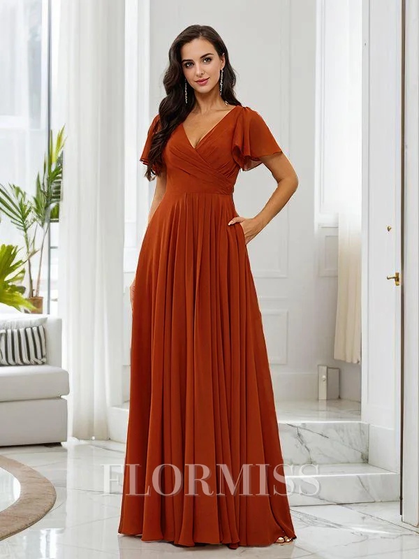 A-line kjole Chiffong Ruched V-hals Kortermer Gulvlengde Brudepikekjoler