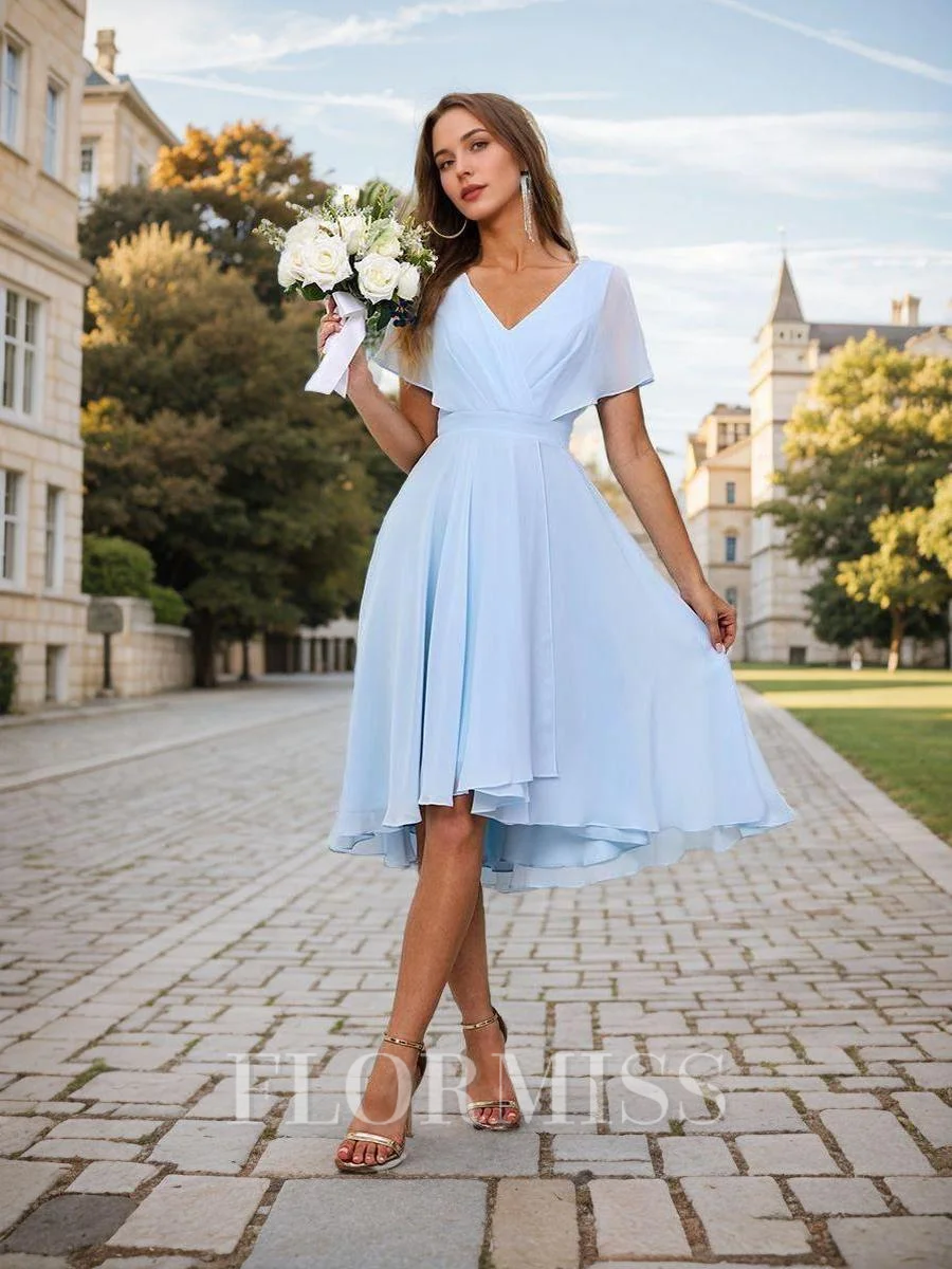 A-line kjole Chiffong Ruched V-hals Kortermer Asymmetrisk Brudepikekjoler