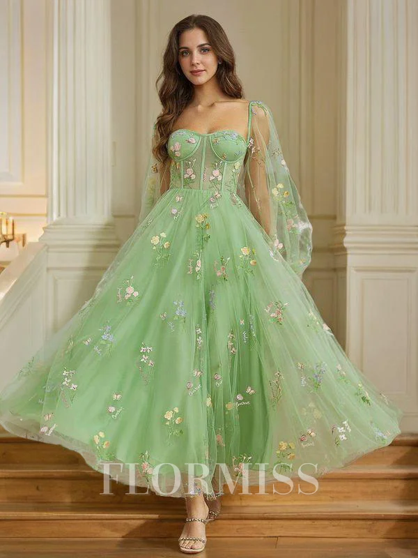A-line kjole Blonder Broderi Sweetheart Lange ermer Te-Lengde Kjoler