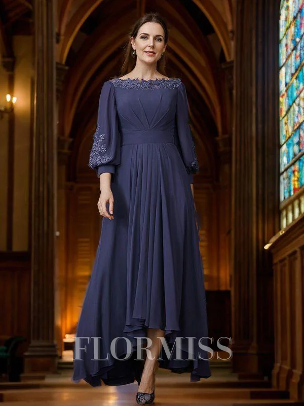 A-line kjole Chiffong Ruched Båthals Trekvart ermer Asymmetrisk Brudens Mor Kjole