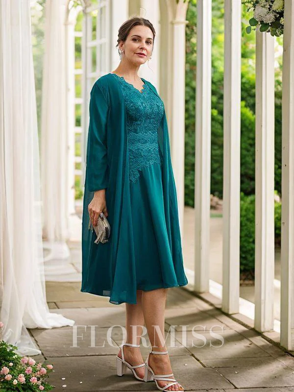 A-line kjole Chiffong Ruched V-hals Kortermer Knelengde Brudens Mor Kjole