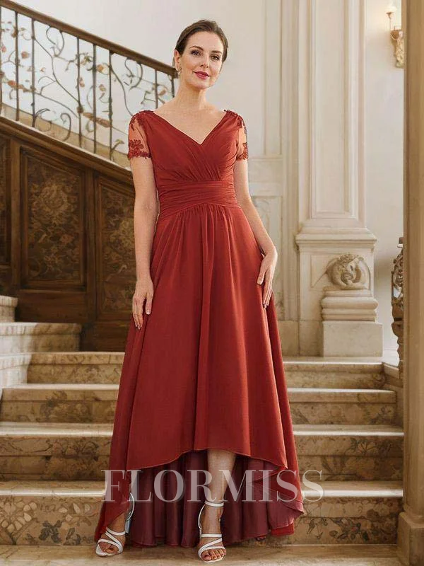 A-line kjole Chiffong Ruched V-hals Kortermer Asymmetrisk Brudens Mor Kjole
