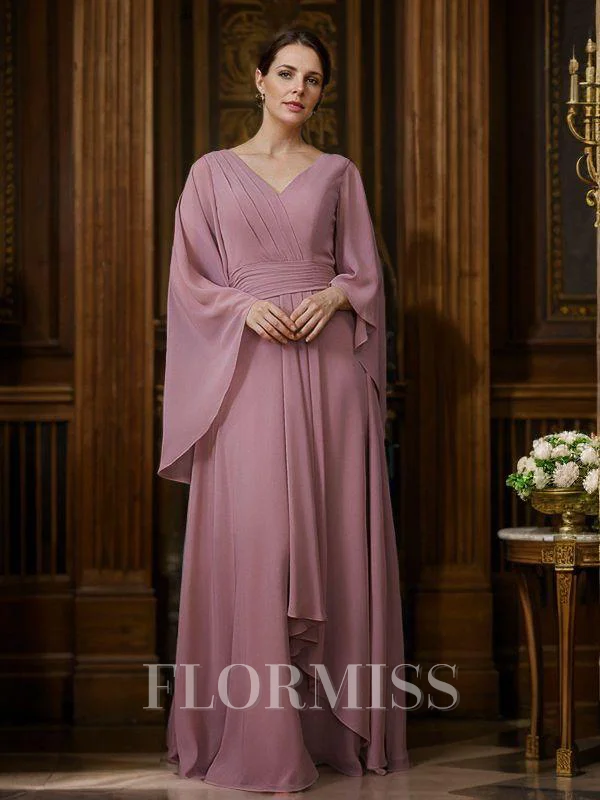 A-line kjole Chiffong Ruched V-hals Trekvart ermer Gulvlengde Brudens Mor Kjole