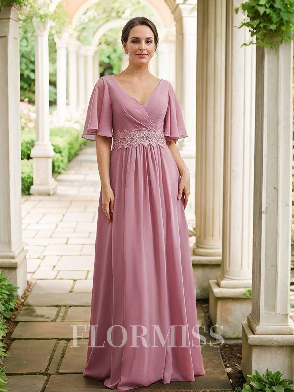 A-line kjole Chiffong Ruched V-hals Halvlang Gulvlengde Brudens Mor Kjole