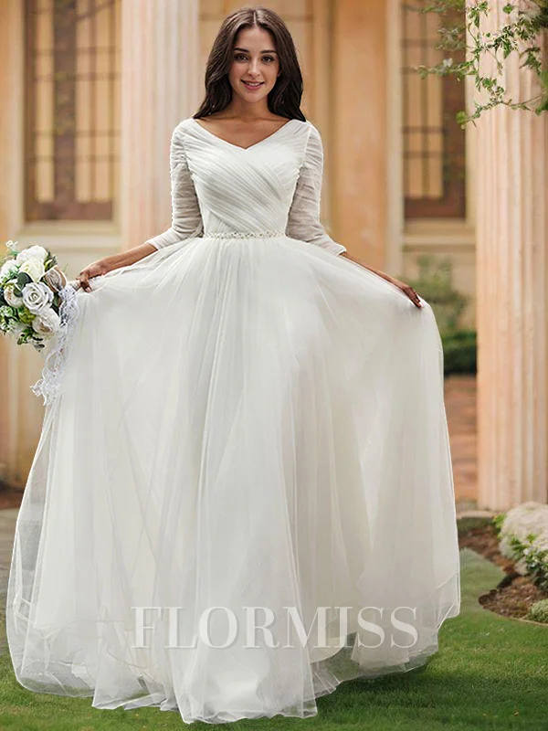 A-line kjole Ruched Sweetheart Tyll Trekvart ermer Sweep/Børste train Brudekjoler