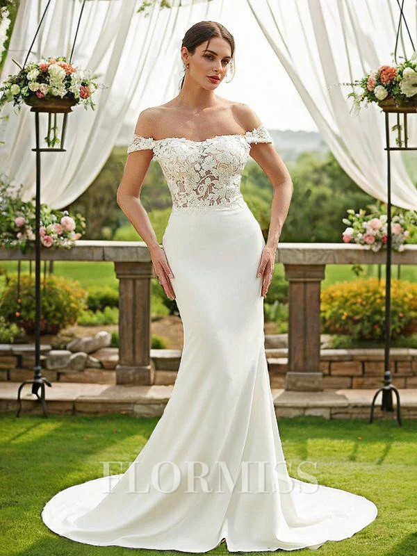 Sheath Strekk Crêpe Blonder Bare Skuldre Ermeløs Bane-tog Brudekjoler
