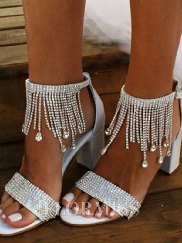 Dame Sateng Med Rhinestone Peeptoe Klumpete Hæl Bryllupssko