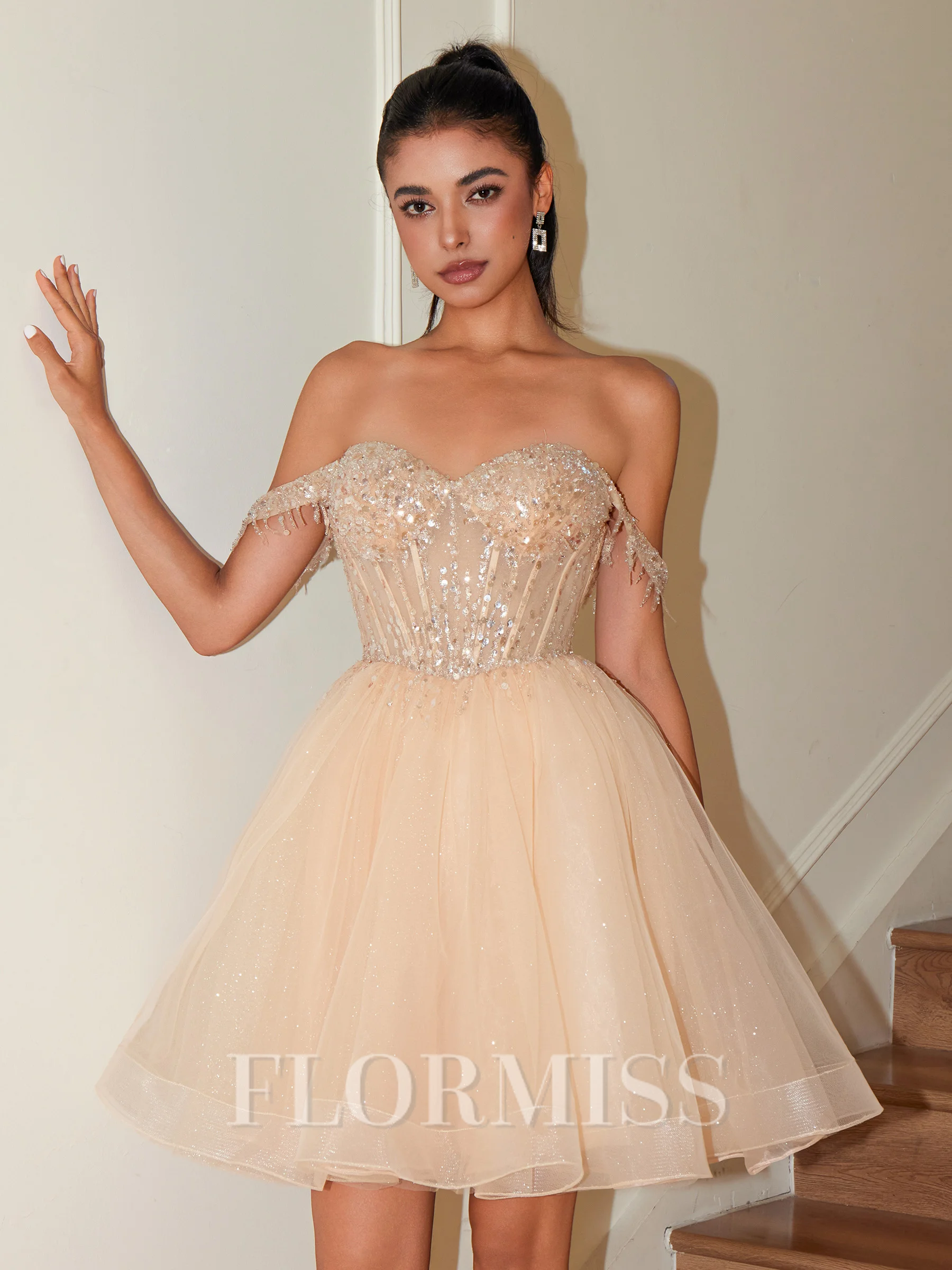 A-line kjole Bare Skuldre Paljett Kort/Mini Organza Korsett Kjole