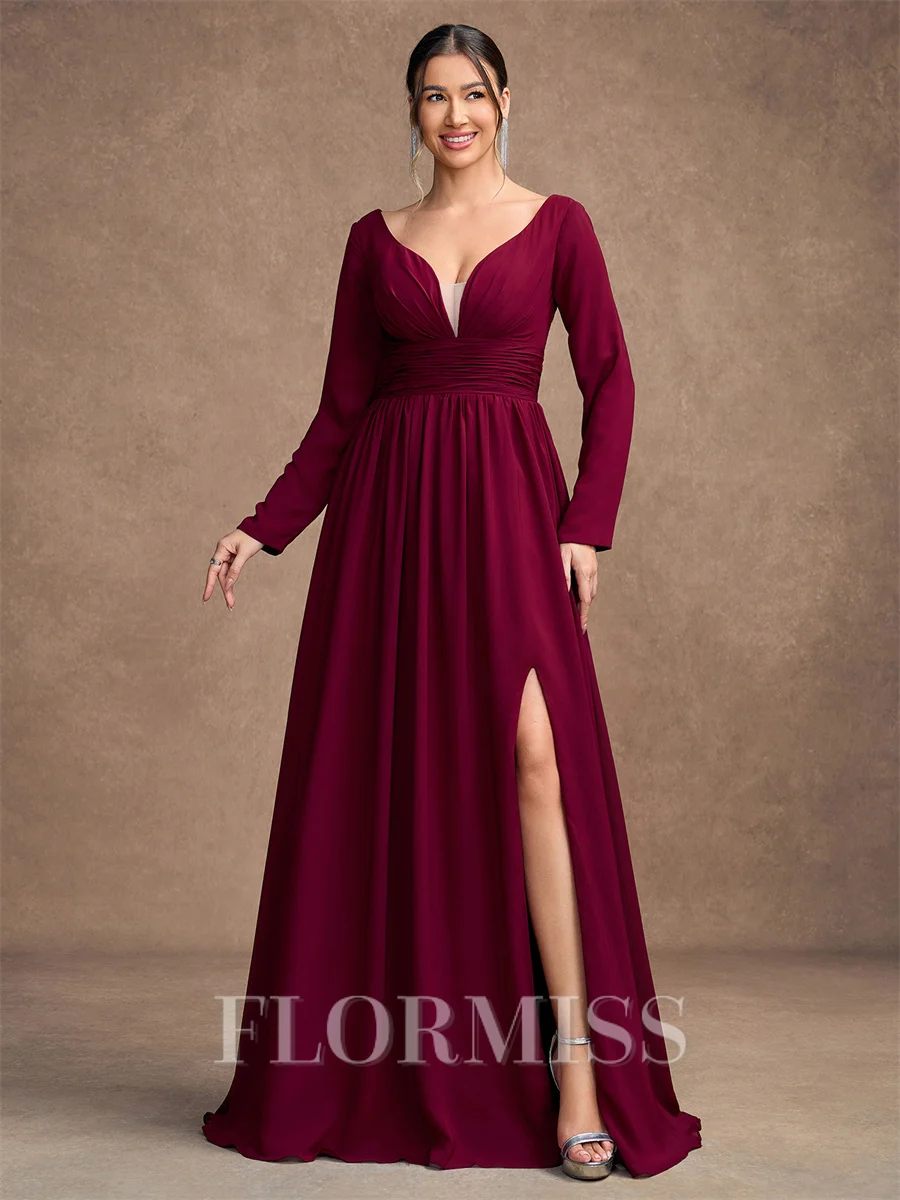 A-line kjole kjole Chiffong Ruched V-hals Lange ermer Gulvlengde Brudens Mor Kjole