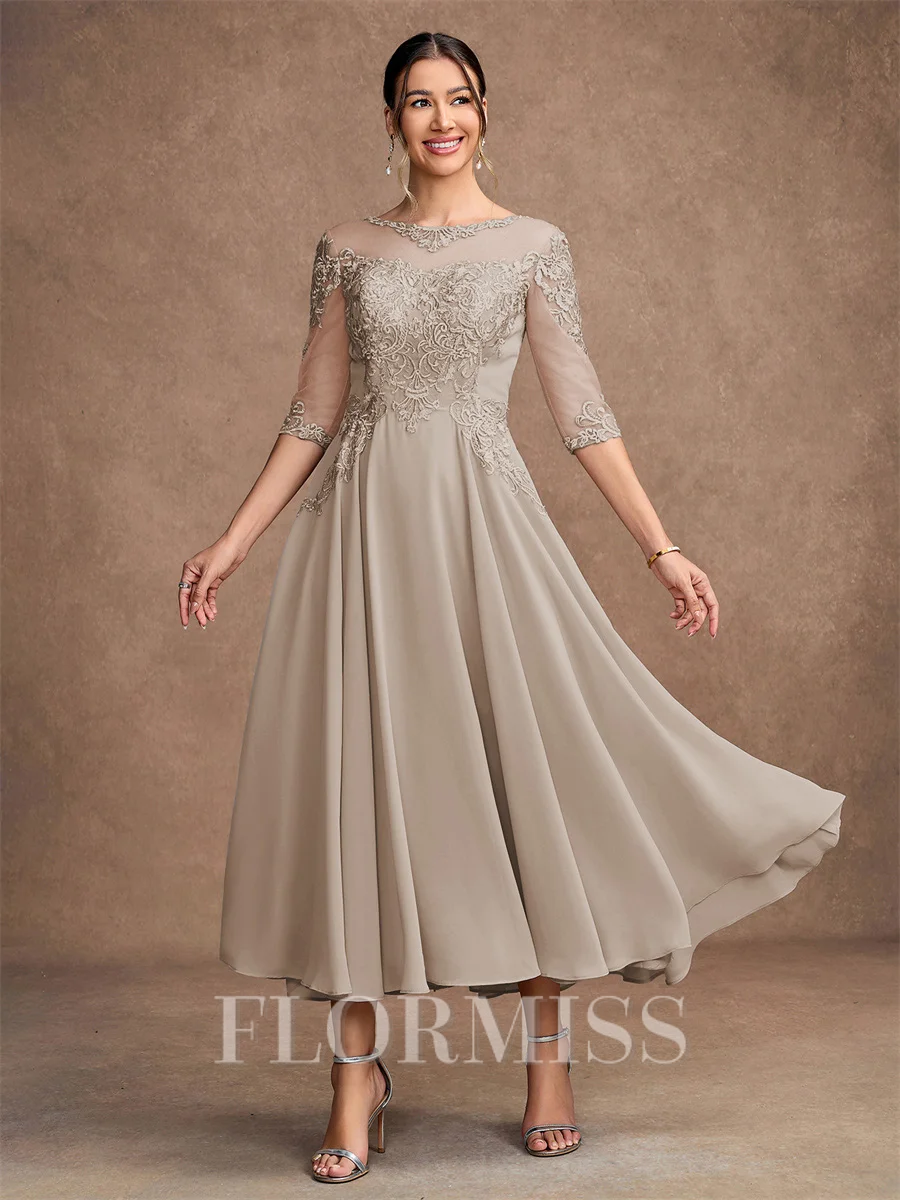 A-line kjole kjole Chiffong Blonder Scoop Trekvart ermer Te-Lengde Brudens Mor Kjole
