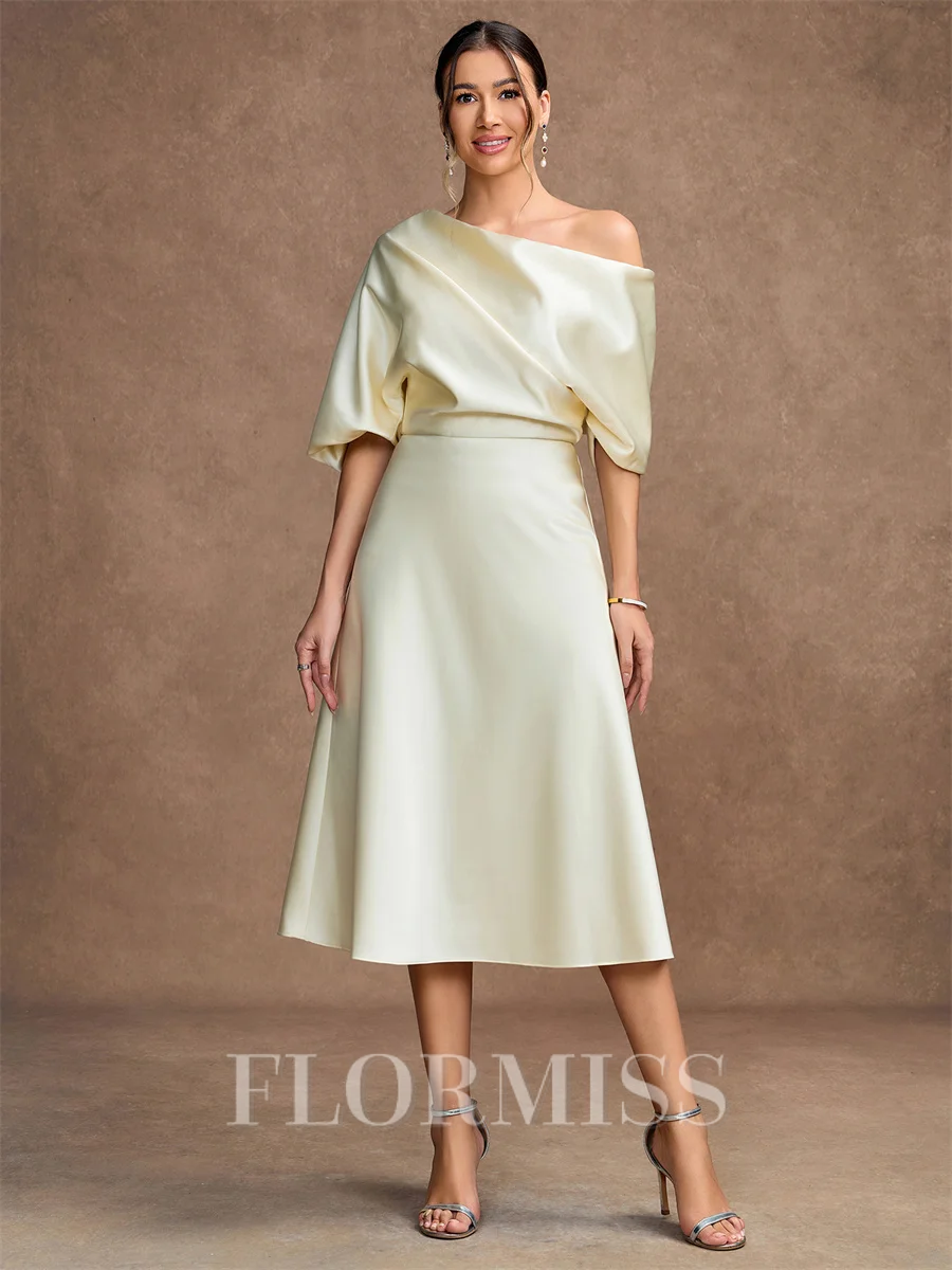 A-line kjole kjole Charmeuse Ruched Bare Skuldre Halvlang Te-Lengde Brudens Mor Kjole