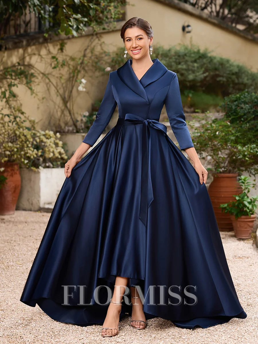 A-line kjole kjole Satin Ruched V-hals Lange ermer Asymmetrisk Brudens Mor Kjole