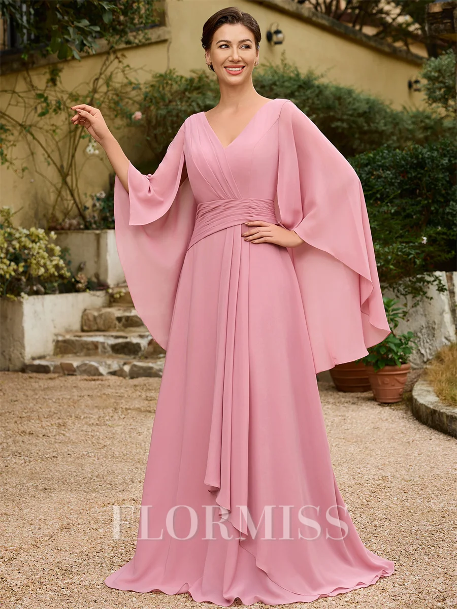 A-line kjole kjole Chiffong Ruched V-hals Trekvart ermer Gulvlengde Brudens Mor Kjole