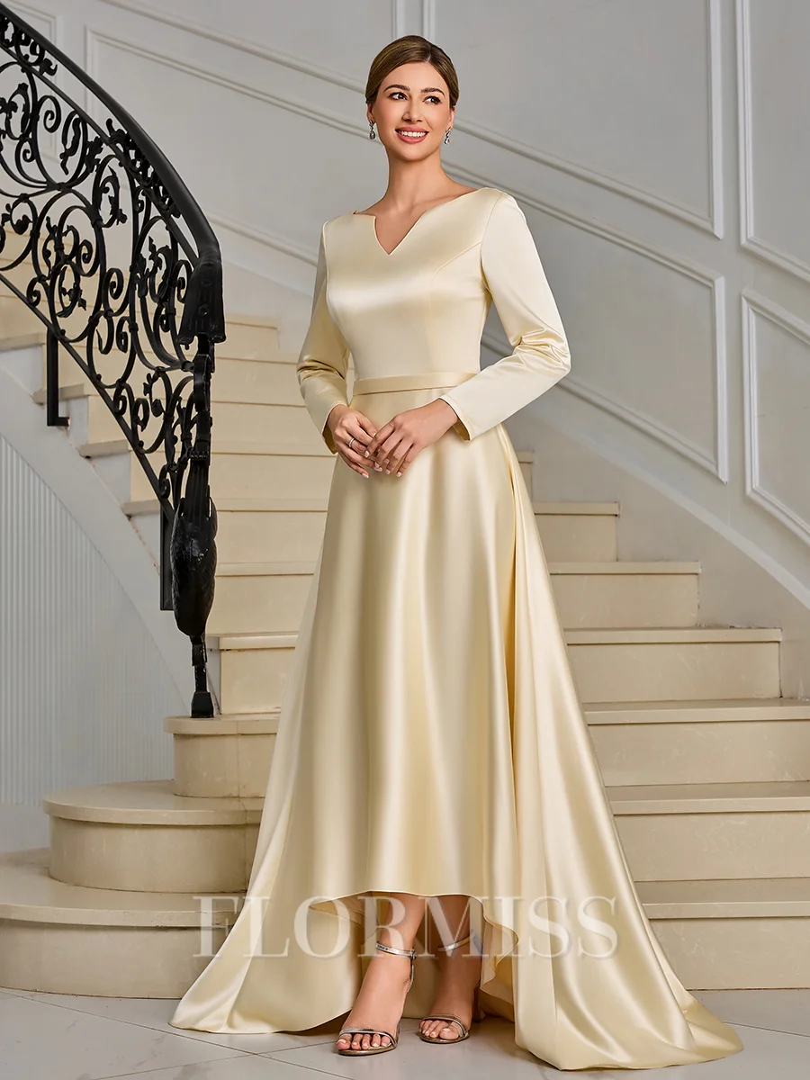 A-line kjole V-hals Lange ermer Asymmetrisk Charmeuse Brudens Mor Kjole