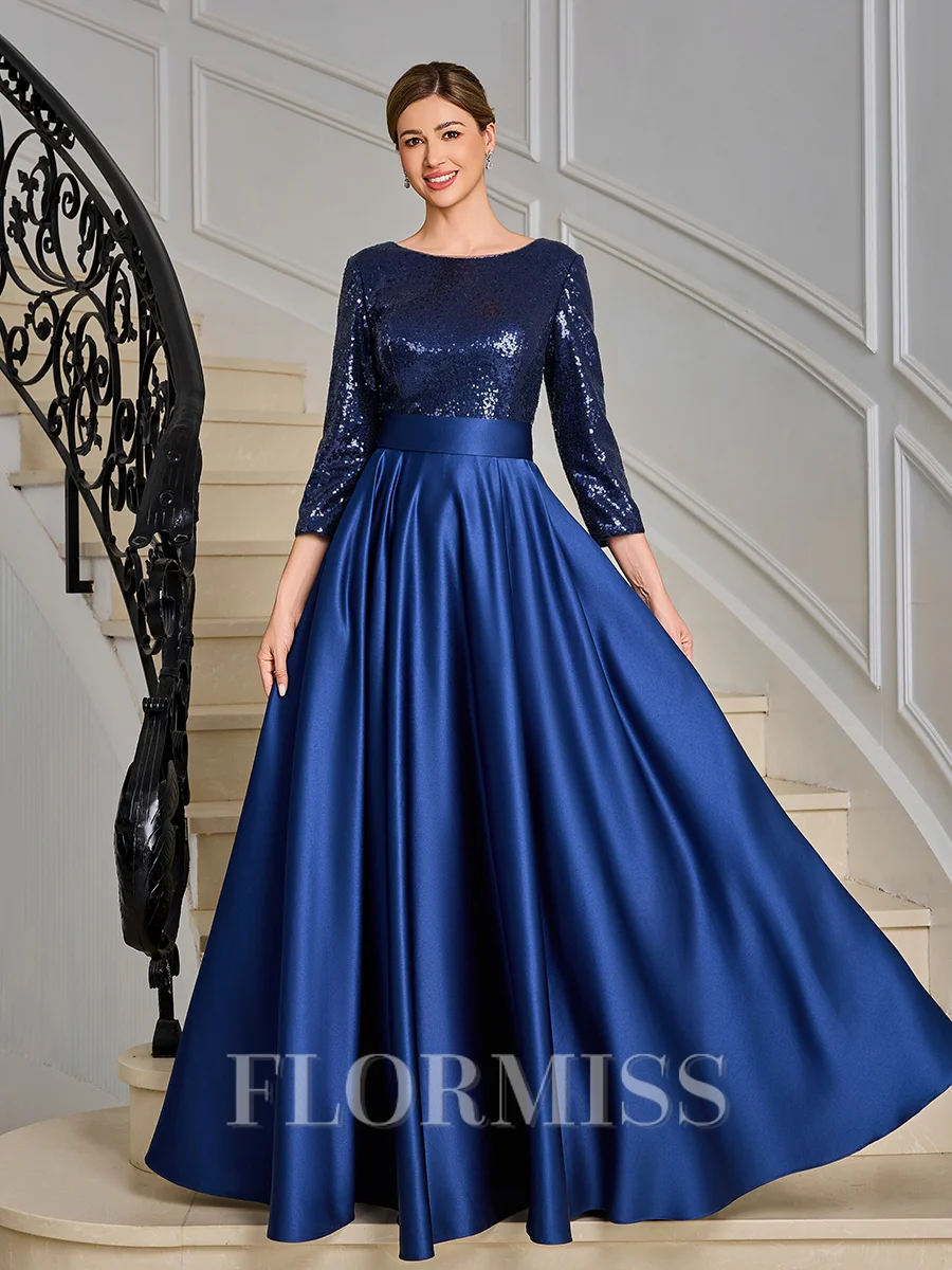 A-line kjole Scoop Trekvart ermer Paljett Ankel-Lengde Satin Brudens Mor Kjole