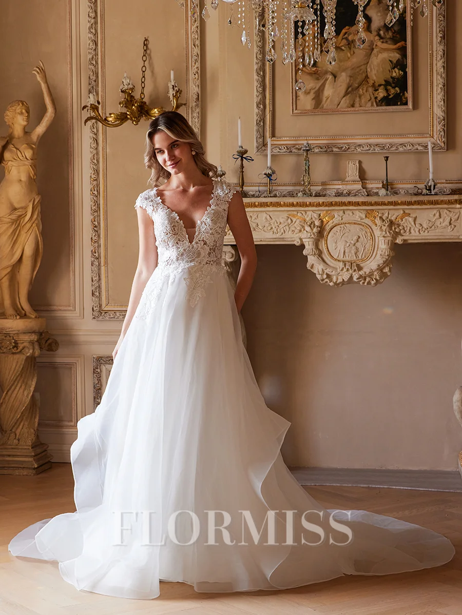 A-line kjole kjole Organza Blonder V-hals Kortermer Bane-tog Brudekjoler