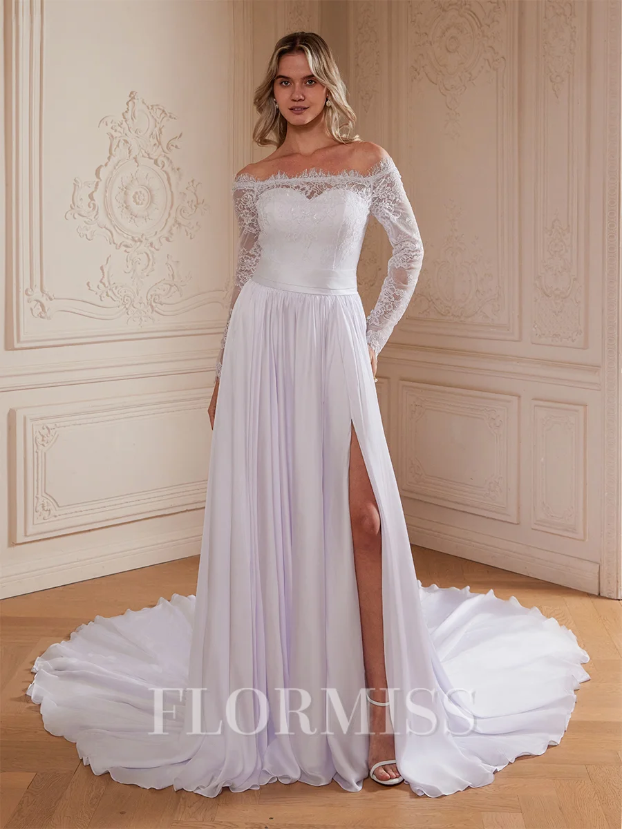 A-line kjole kjole Sateng Chiffongg Blonder Bare Skuldre Lange ermer Katedral Slep Brudekjoler