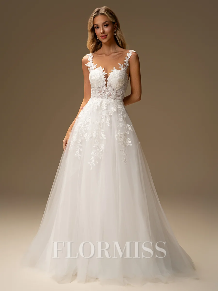 A-line Scoop Appliques Lace Sweep Train Tulle Wedding Dress